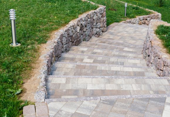 Garden stone path with grass growing up between the stones.Detail of a botanical garden. High quality photo