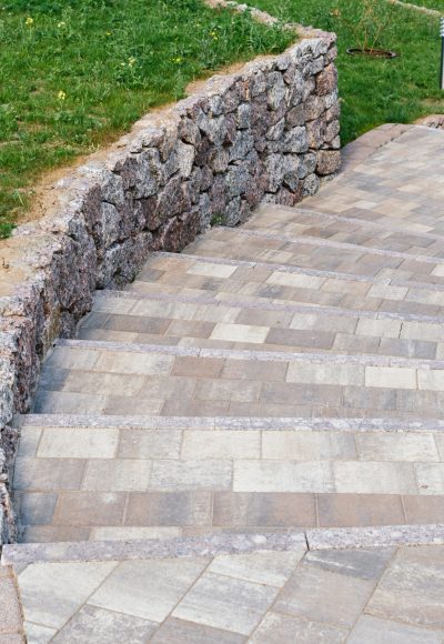 Garden stone path with grass growing up between the stones.Detail of a botanical garden. High quality photo