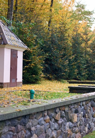 New tiny shack in the the autumnal city park. Storage for household tools.
